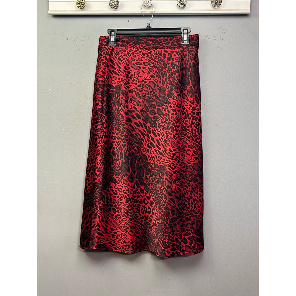 Bar III Skirt Women Size 4 Red Black Leopard Print Midi Slip Satin‎ Side Slit